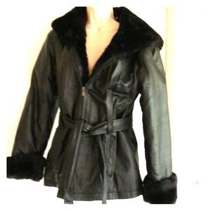 Black Leather Jacket w Belted Waist & Hood.